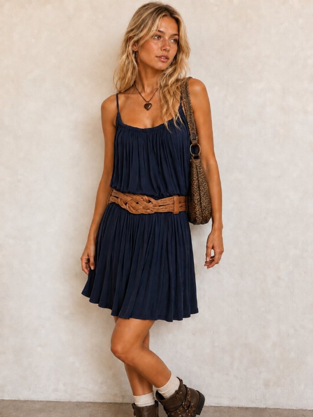Boho Navy Blue Off Shoulder Dress Braided Stretch Belt Flowy Peasant Mini Small